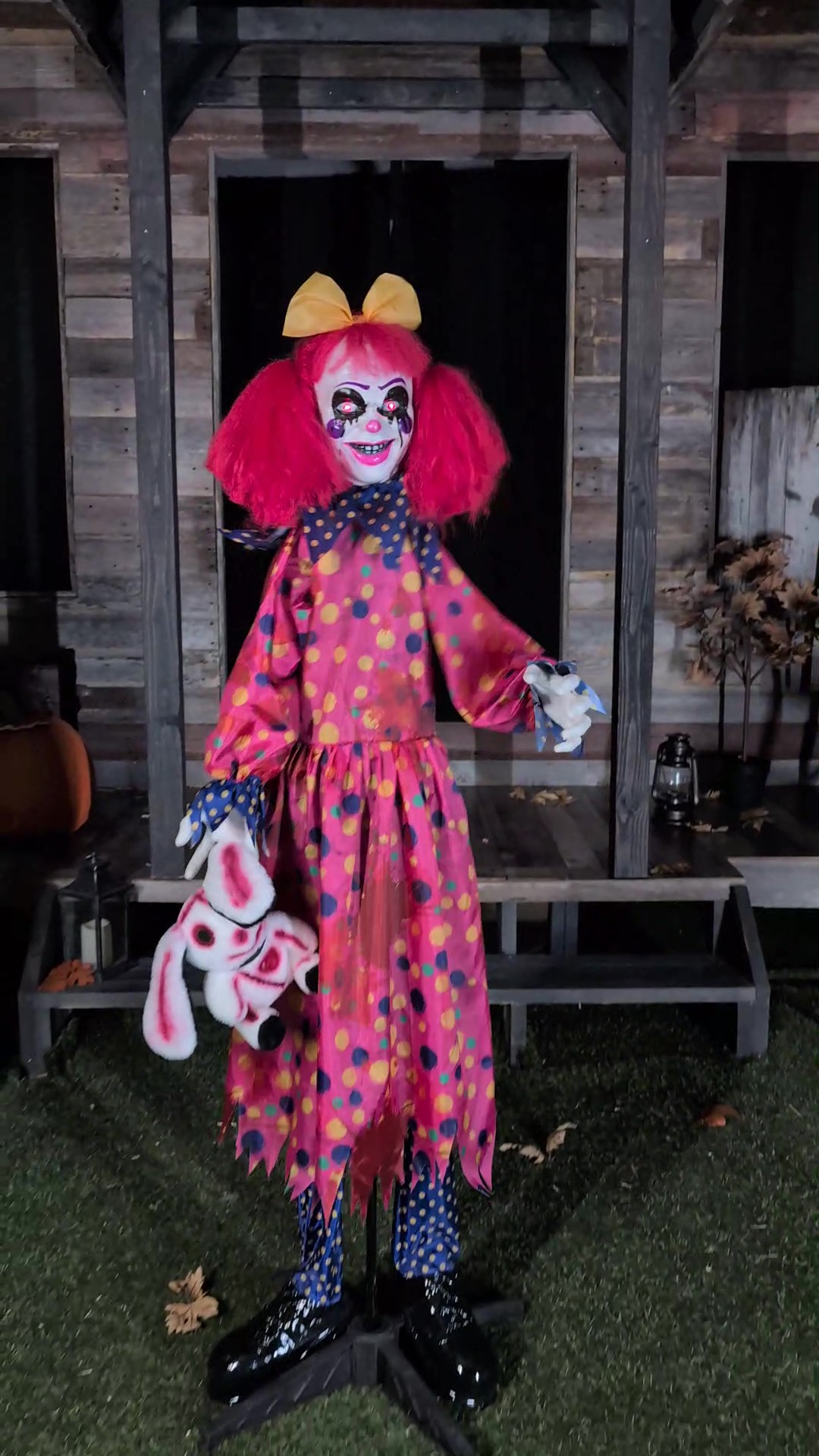 Meet Gabby the Grisly Clown—she may wear a smile, but don’t let that fool you. Standing over 5 feet tall, Gabby clutches a nightmarish bunny toy and springs to life with sinister movement and spine-chilling sounds that make her a standout in any haunted setup.